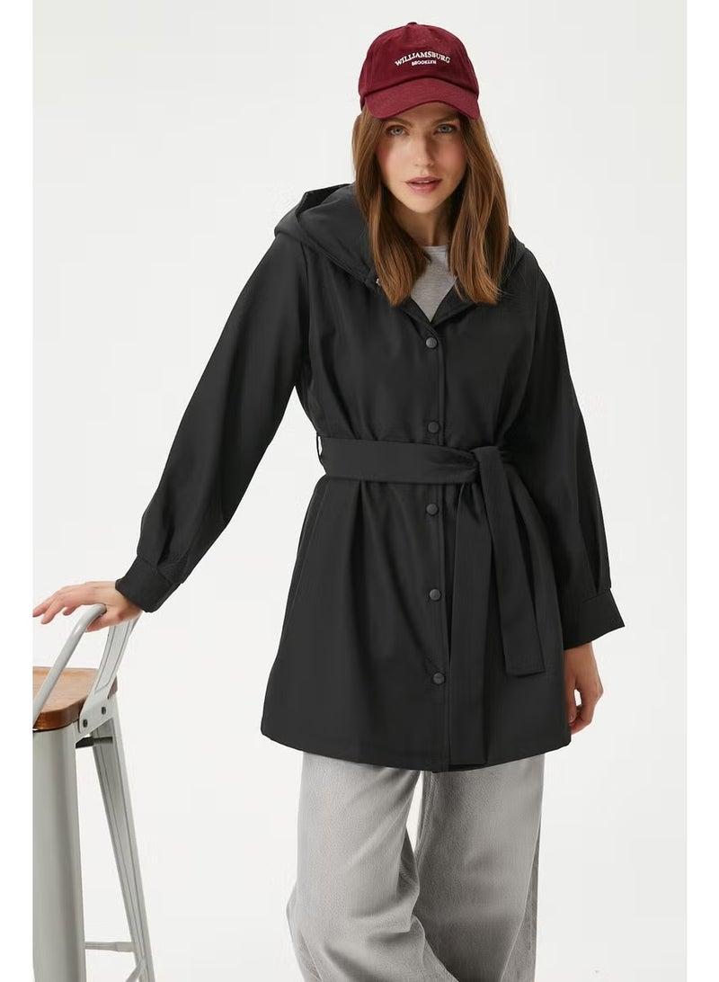 Ritnice Women's Trendy Hooded Snap-On Black Trench Coat - Image 2